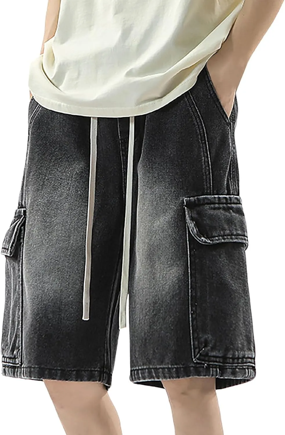 Men Loose Hip Hop Long Jean Shorts Work Denim Shorts with Pockets Skateboard Pants Streetwear Clothes