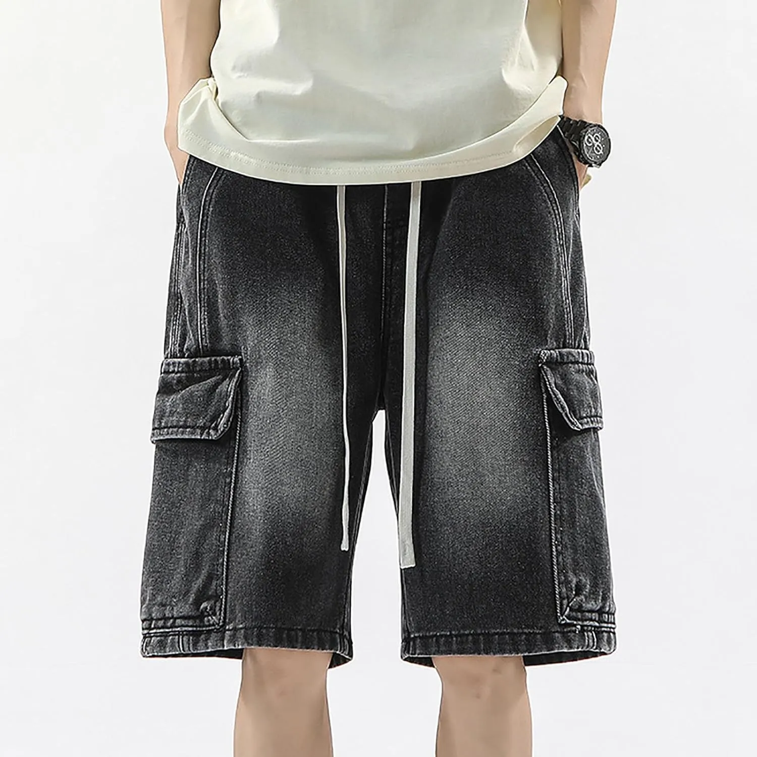 Men Loose Hip Hop Long Jean Shorts Work Denim Shorts with Pockets Skateboard Pants Streetwear Clothes