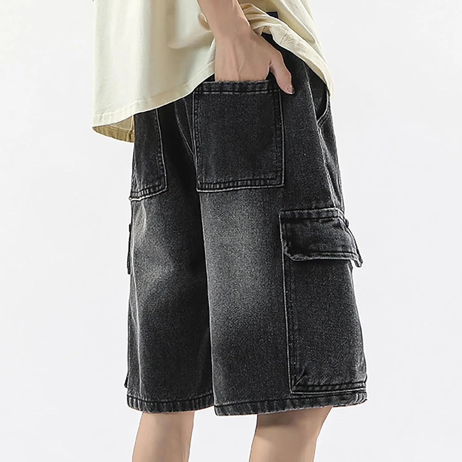 Men Loose Hip Hop Long Jean Shorts Work Denim Shorts with Pockets Skateboard Pants Streetwear Clothes