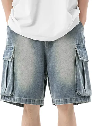 Men Loose Hip Hop Long Jean Shorts Work Denim Shorts with Pockets Skateboard Pants Streetwear Clothes