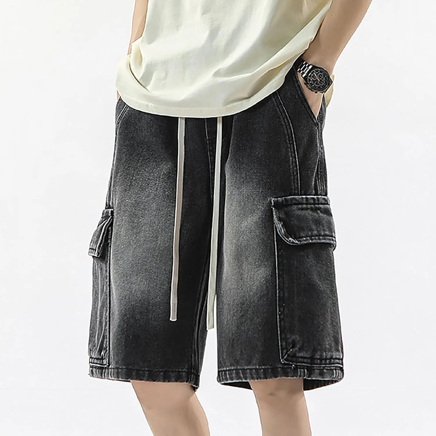 Men Loose Hip Hop Long Jean Shorts Work Denim Shorts with Pockets Skateboard Pants Streetwear Clothes
