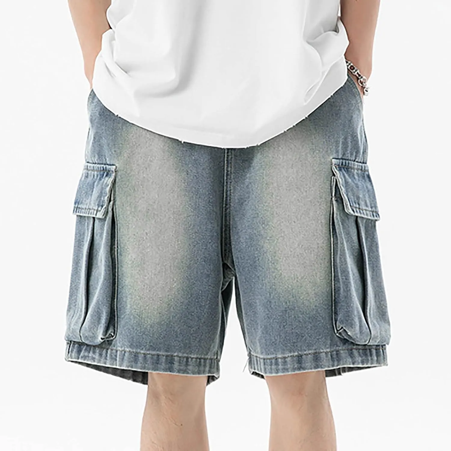 Men Loose Hip Hop Long Jean Shorts Work Denim Shorts with Pockets Skateboard Pants Streetwear Clothes