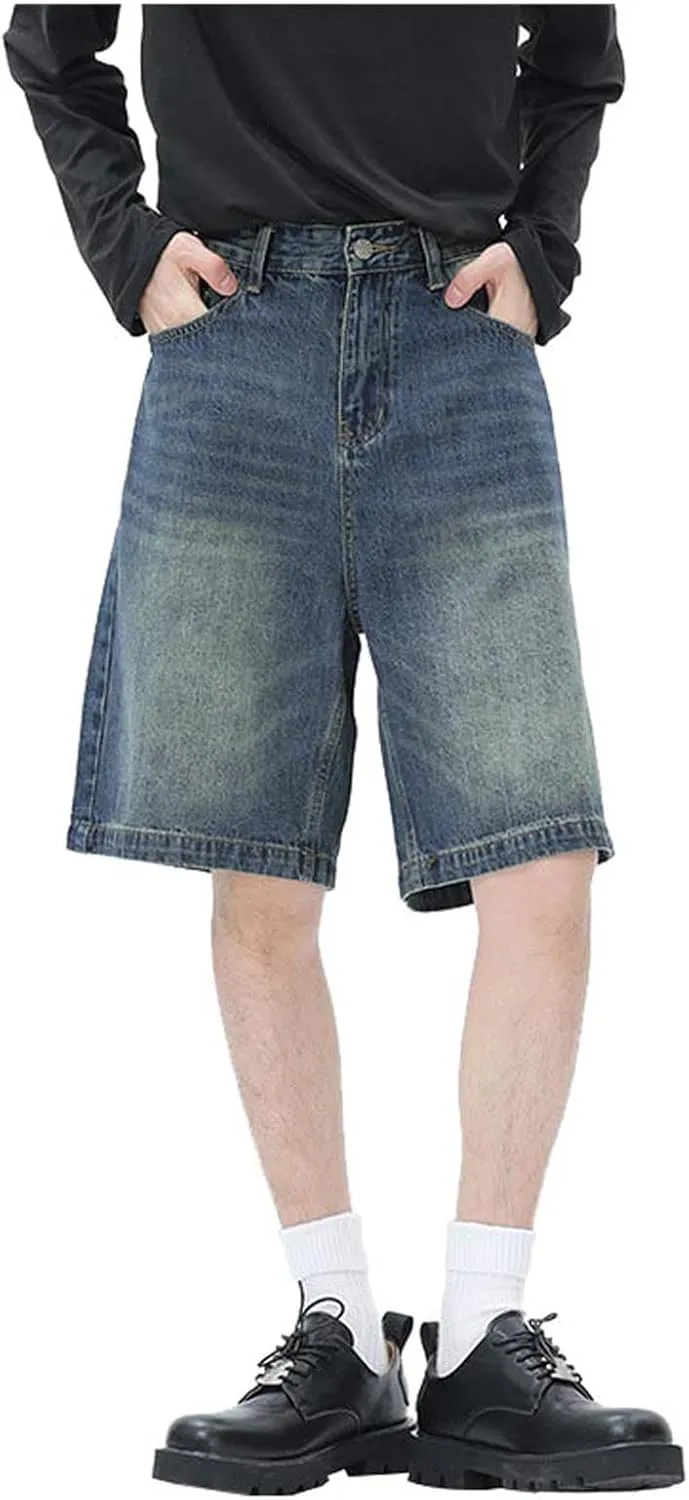 Men Loose Hip Hop Long Jean Shorts Work Denim Shorts with Pockets Skateboard Pants Streetwear Clothes
