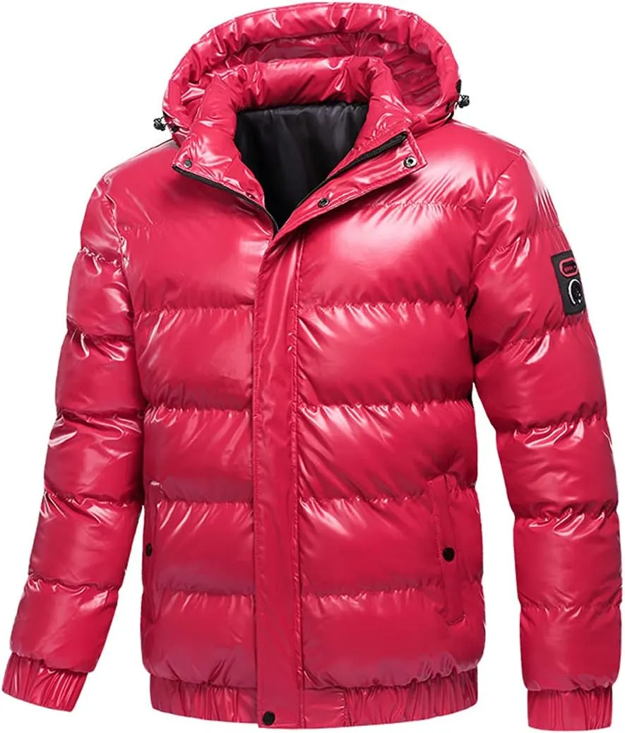 Men Winter Jacket Glossy Silver Thick Parka Jacket Solid Hooded Warm Cotton Casual Zipper Coat