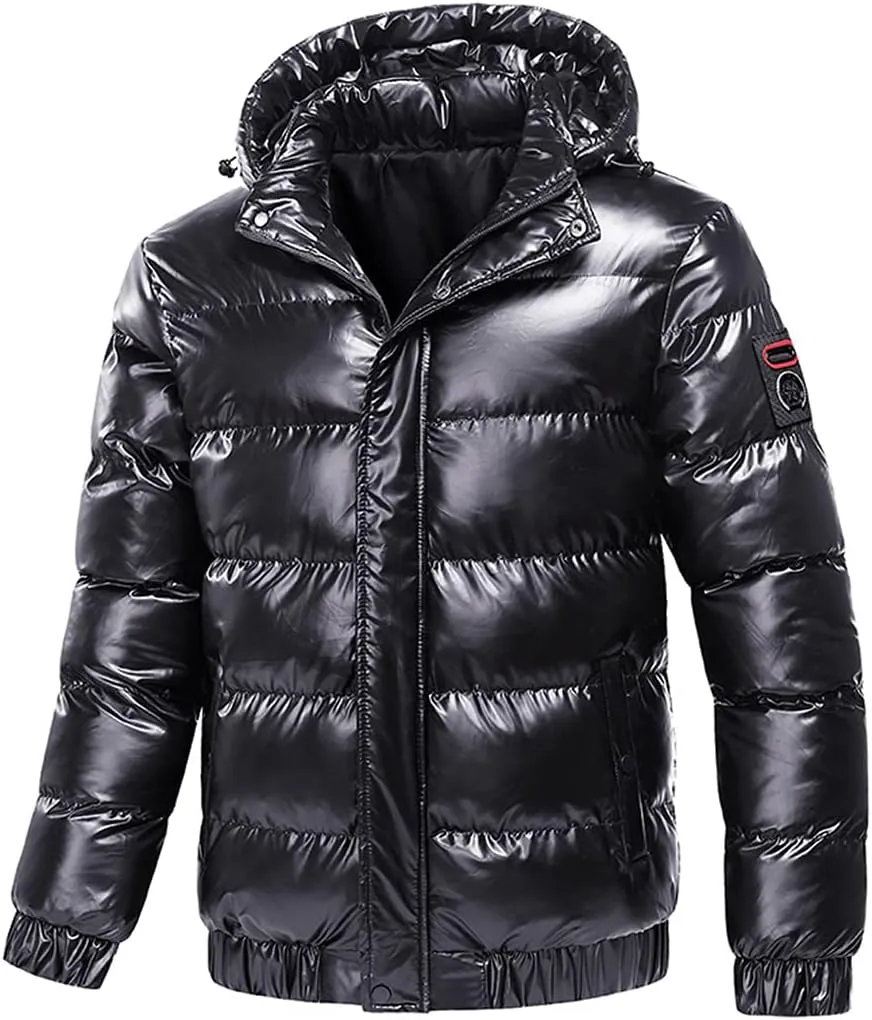 Men Winter Jacket Glossy Silver Thick Parka Jacket Solid Hooded Warm Cotton Casual Zipper Coat