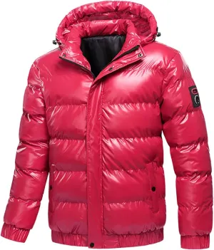 Men Winter Jacket Glossy Silver Thick Parka Jacket Solid Hooded Warm Cotton Casual Zipper Coat