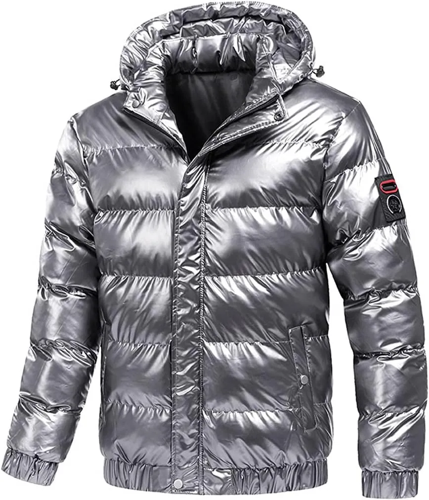 Men Winter Jacket Glossy Silver Thick Parka Jacket Solid Hooded Warm Cotton Casual Zipper Coat