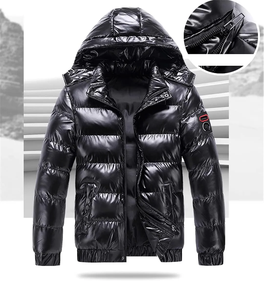 Men Winter Jacket Glossy Silver Thick Parka Jacket Solid Hooded Warm Cotton Casual Zipper Coat