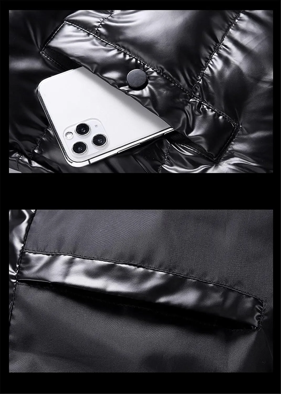 Men Winter Jacket Glossy Silver Thick Parka Jacket Solid Hooded Warm Cotton Casual Zipper Coat