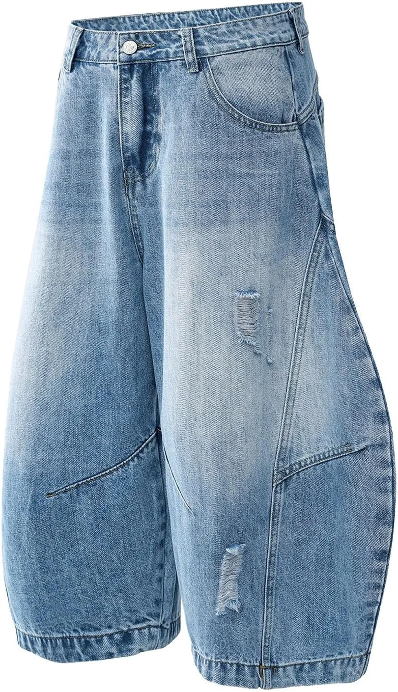 Men Y2K Grunge Baggy Jean Shorts Summer Casual Hip Hop Cargo Pants Loose Denim Shorts with Pockets