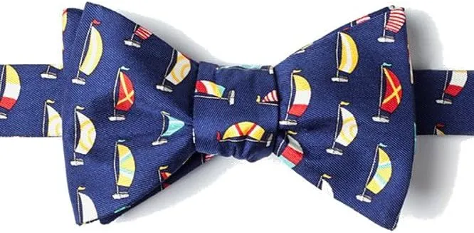 Mens 100% Silk Navy Blue Seas the Day Nautical Sailboats Butterfly Bow Tie