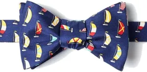 Mens 100% Silk Navy Blue Seas the Day Nautical Sailboats Butterfly Bow Tie