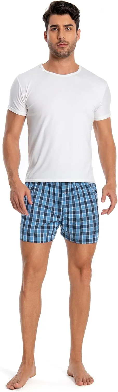 Men's Boxer Shorts 100% Cotton Classic Plaid Woven Boxers for Men Soft Breathable Mens Underwear with Button Fly