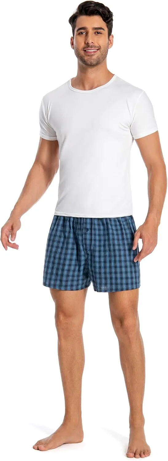 Men's Boxer Shorts 100% Cotton Classic Plaid Woven Boxers for Men Soft Breathable Mens Underwear with Button Fly