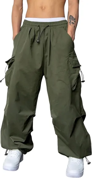 Mens Cargo Work Pant Wide Leg Casual Joggers Drawstring Waist Track Pants with Pockets