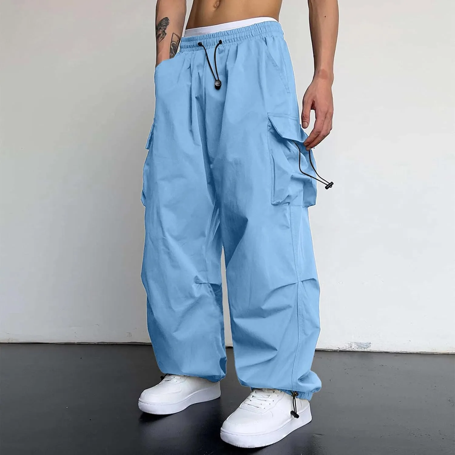 Mens Cargo Work Pant Wide Leg Casual Joggers Drawstring Waist Track Pants with Pockets