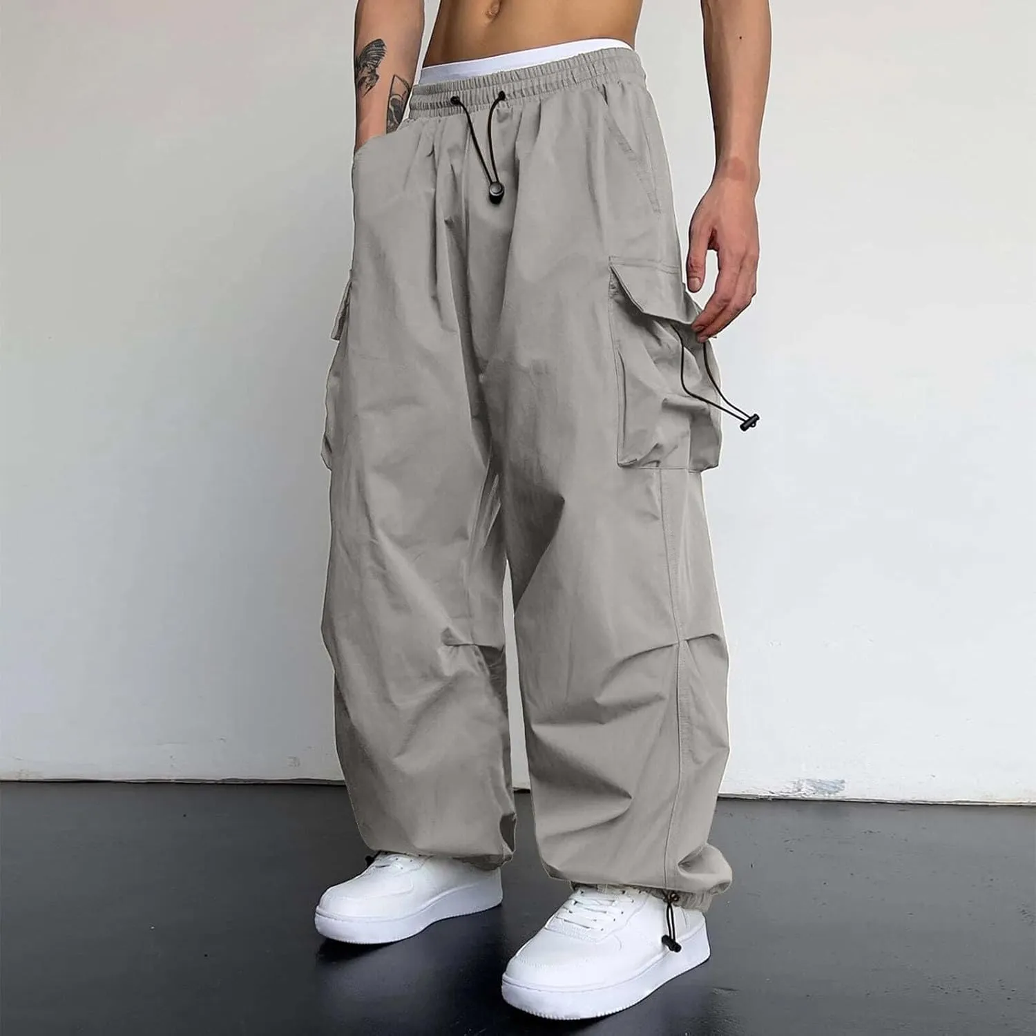 Mens Cargo Work Pant Wide Leg Casual Joggers Drawstring Waist Track Pants with Pockets