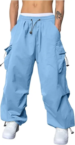 Mens Cargo Work Pant Wide Leg Casual Joggers Drawstring Waist Track Pants with Pockets