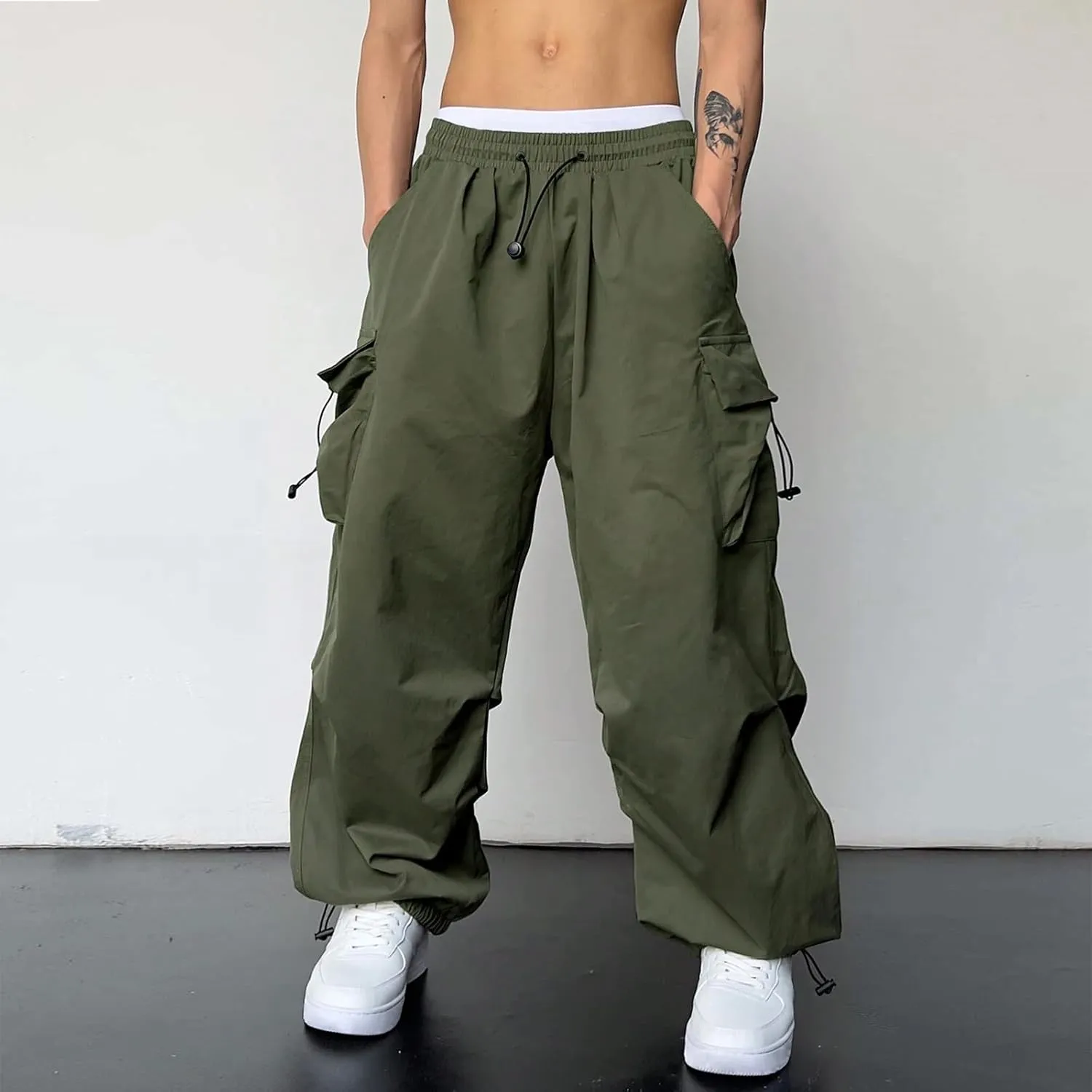 Mens Cargo Work Pant Wide Leg Casual Joggers Drawstring Waist Track Pants with Pockets