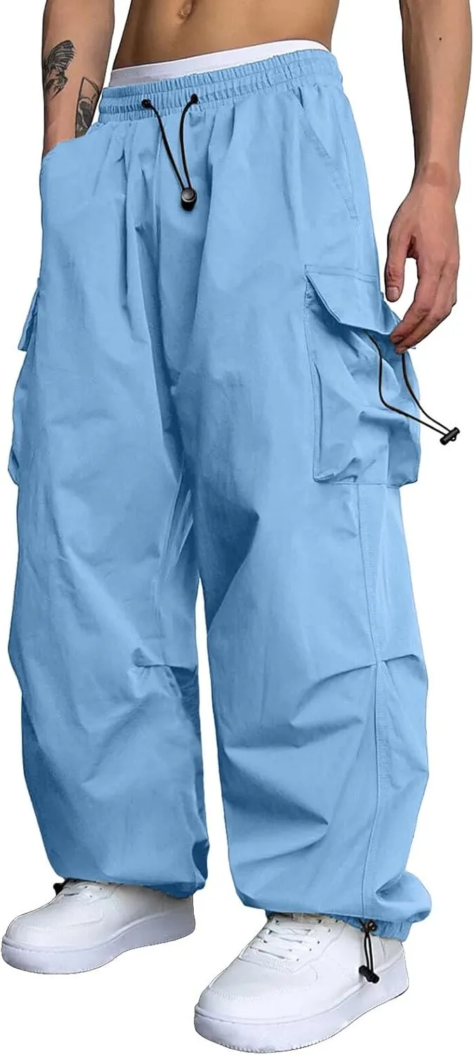 Mens Cargo Work Pant Wide Leg Casual Joggers Drawstring Waist Track Pants with Pockets