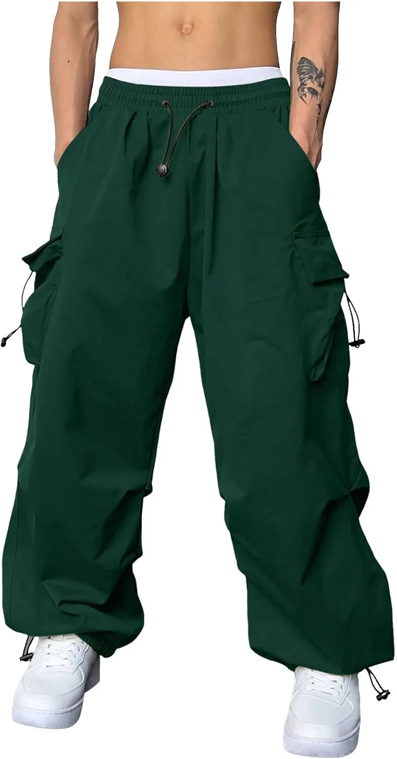 Mens Cargo Work Pant Wide Leg Casual Joggers Drawstring Waist Track Pants with Pockets