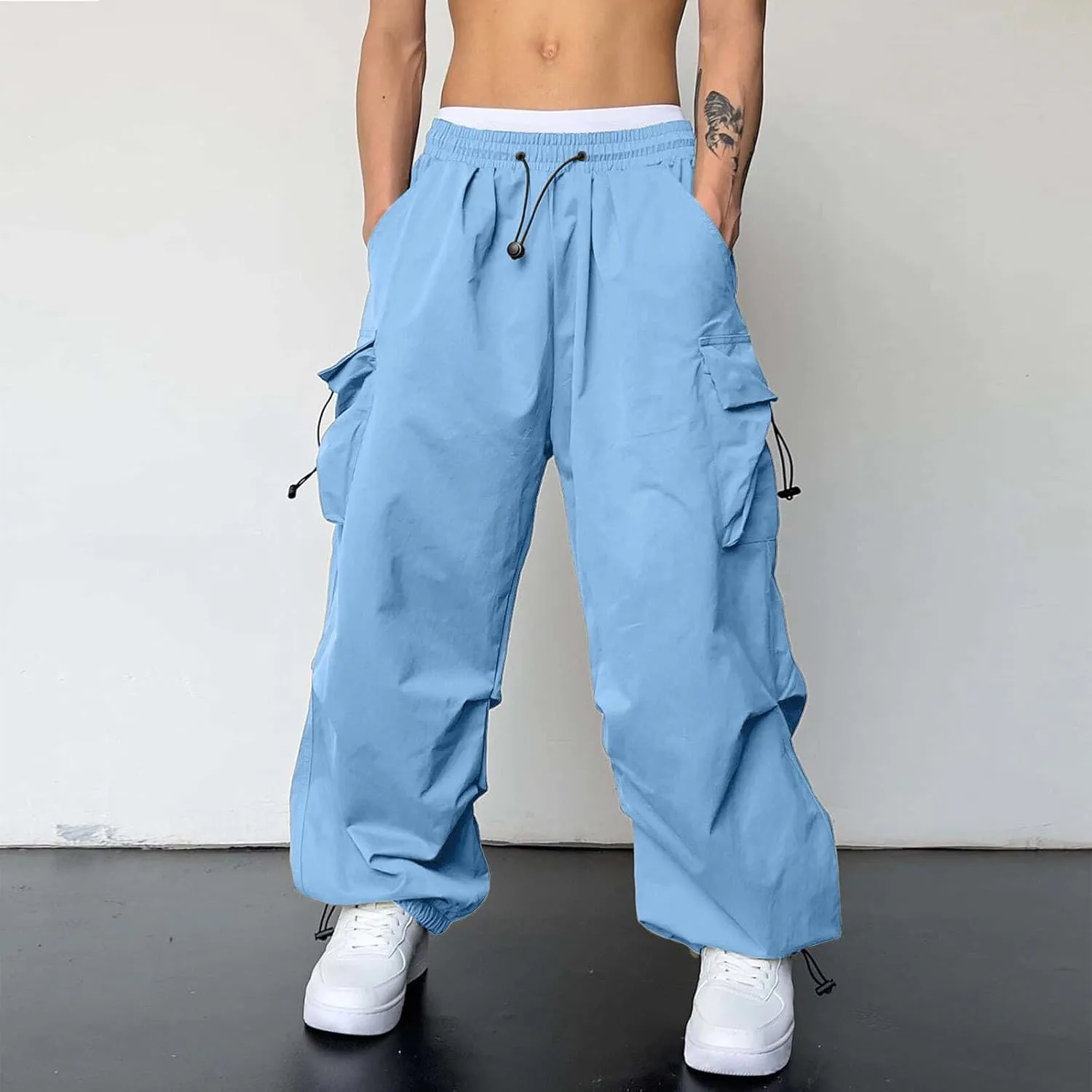 Mens Cargo Work Pant Wide Leg Casual Joggers Drawstring Waist Track Pants with Pockets