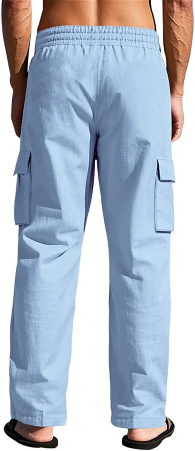 Men's Casual Linen Pants Drawstring Joggers Sweatpants Solid Loose Straight Sweatpants Relaxed Fit Comfy Trousers