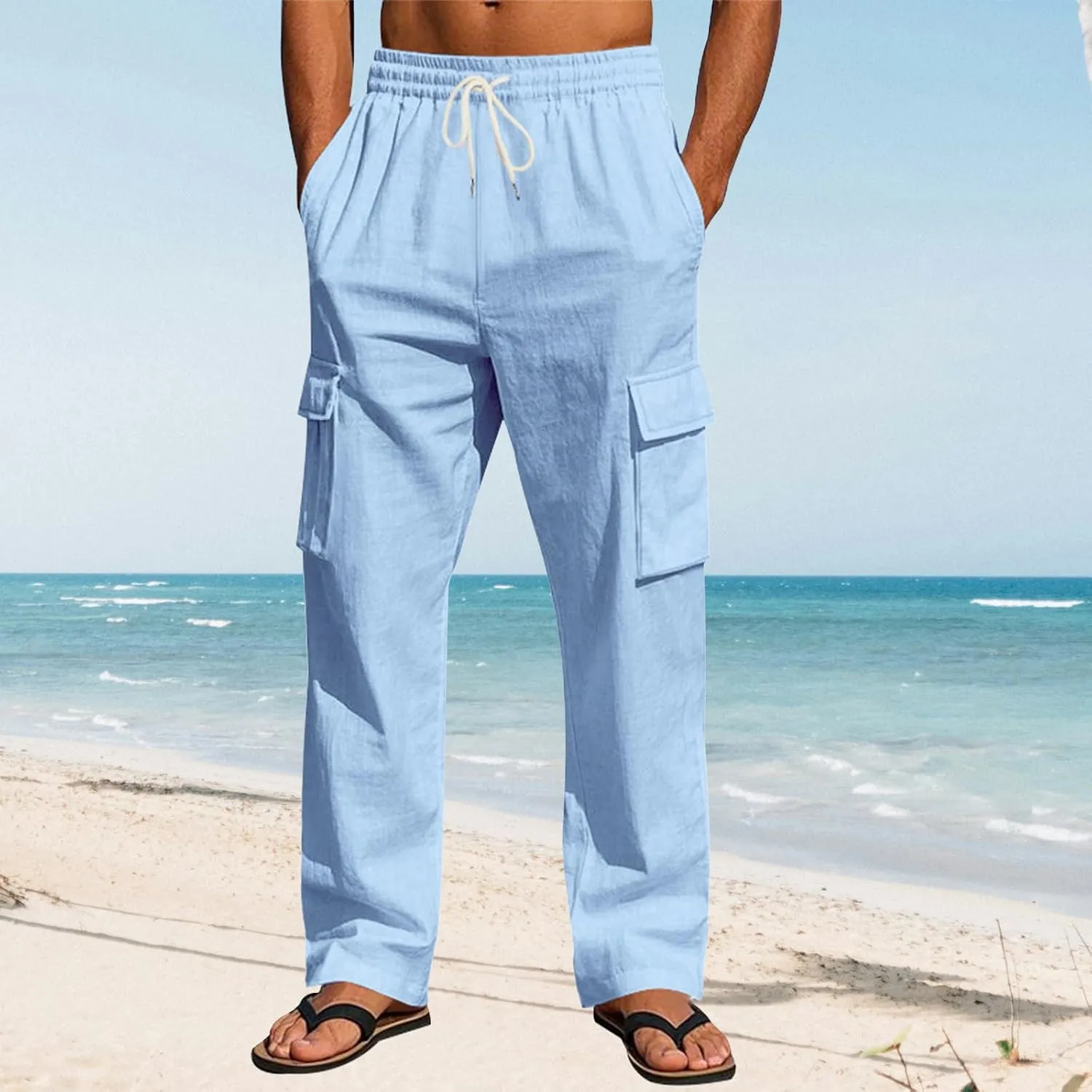 Men's Casual Linen Pants Drawstring Joggers Sweatpants Solid Loose Straight Sweatpants Relaxed Fit Comfy Trousers