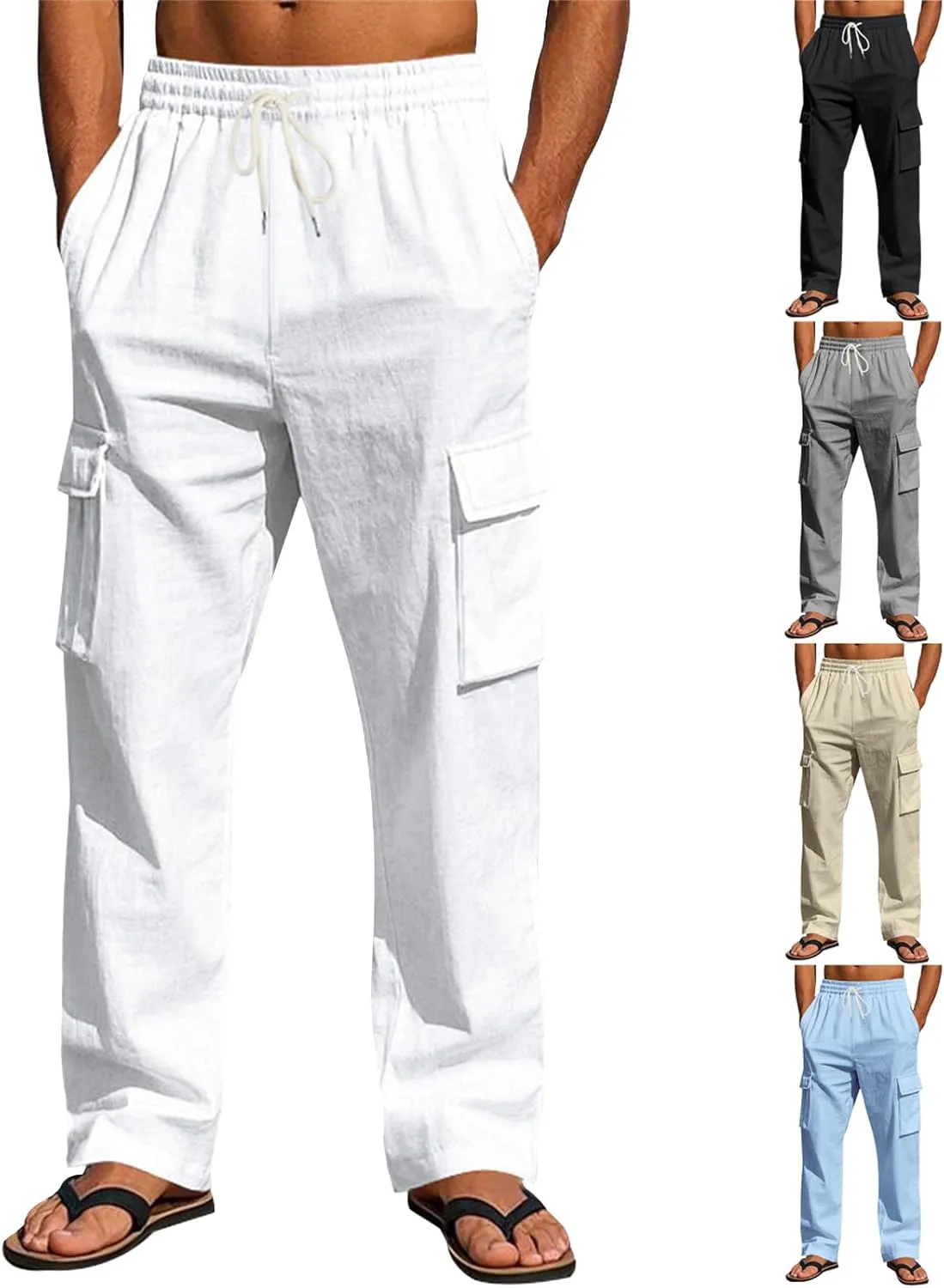 Men's Casual Linen Pants Drawstring Joggers Sweatpants Solid Loose Straight Sweatpants Relaxed Fit Comfy Trousers