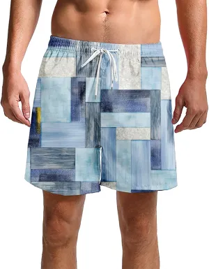 Mens Linen Plaid Bermuda Shorts Ethnic Pattern Jogger Shorts Summer Straight Drawstring Beach Short with Pockets