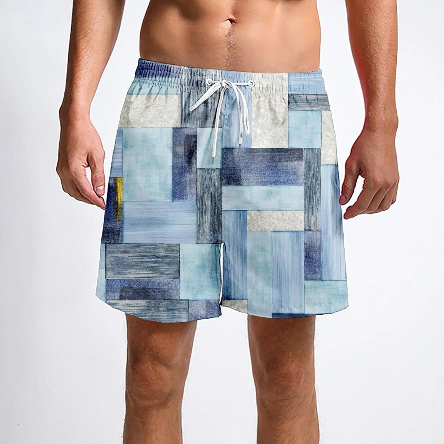 Mens Linen Plaid Bermuda Shorts Ethnic Pattern Jogger Shorts Summer Straight Drawstring Beach Short with Pockets