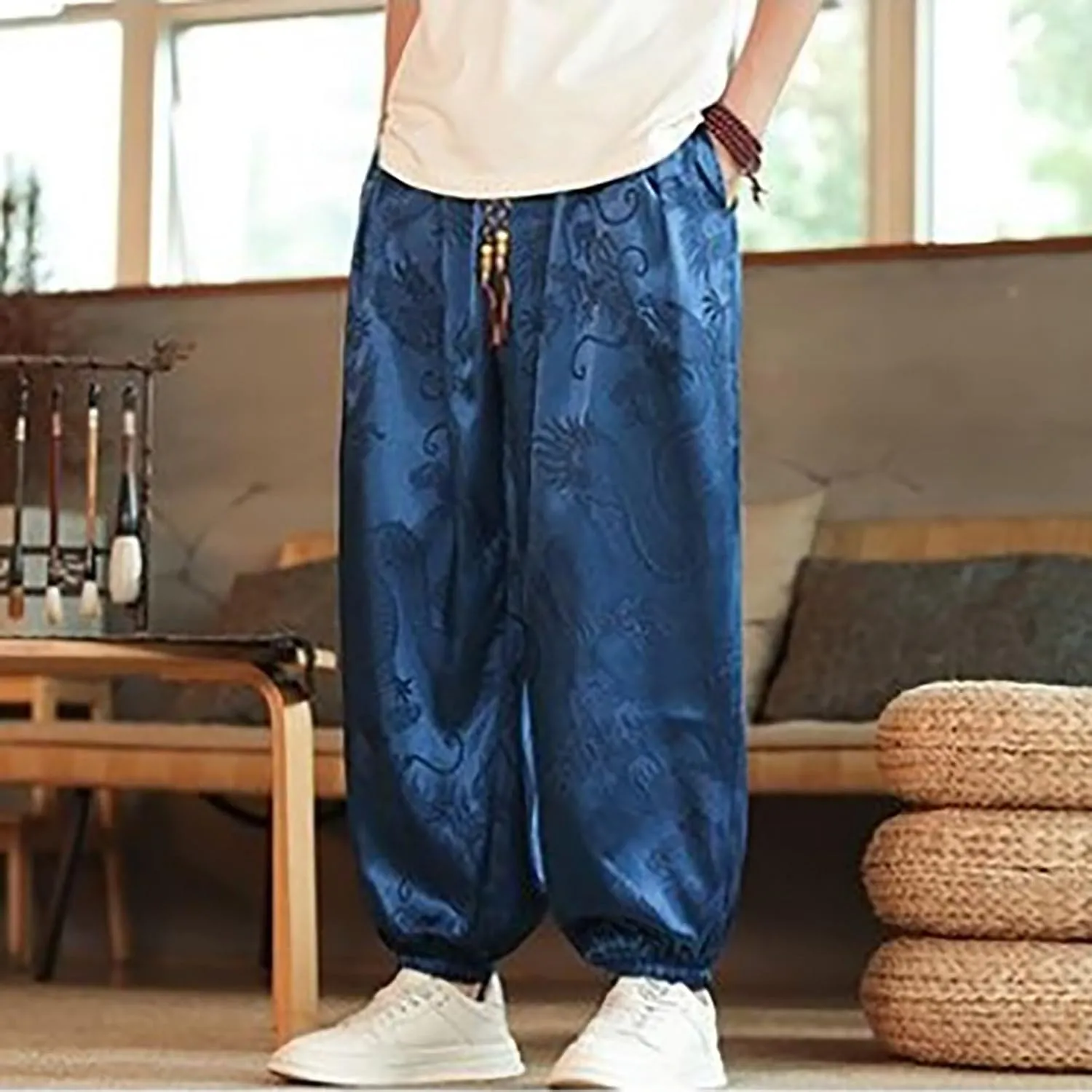 Mens Satin Harem Jogger Pants Paisley Silk Lounge Pajama Bottoms Big and Tall Western Cowboy Beach Yoga Pants