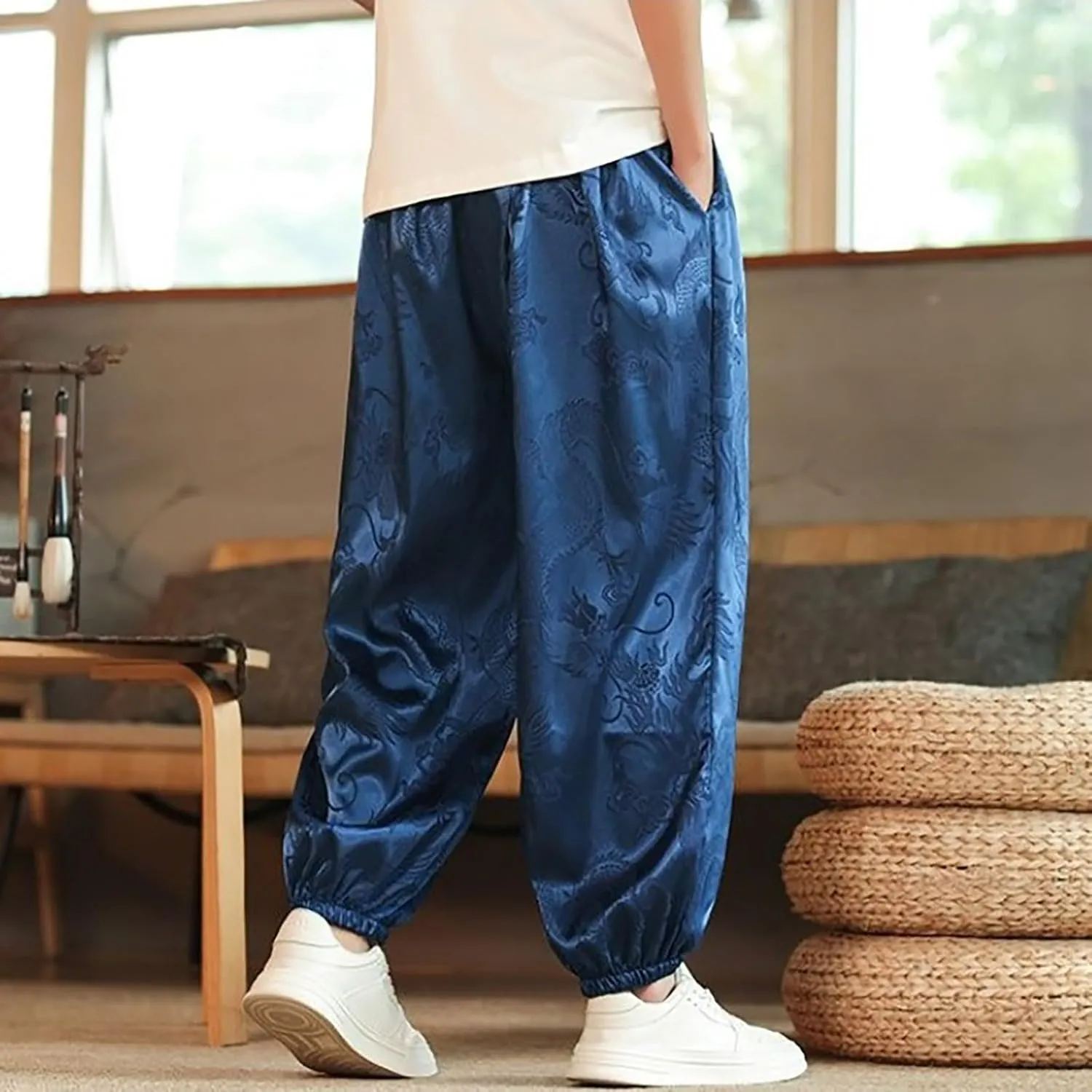 Mens Satin Harem Jogger Pants Paisley Silk Lounge Pajama Bottoms Big and Tall Western Cowboy Beach Yoga Pants