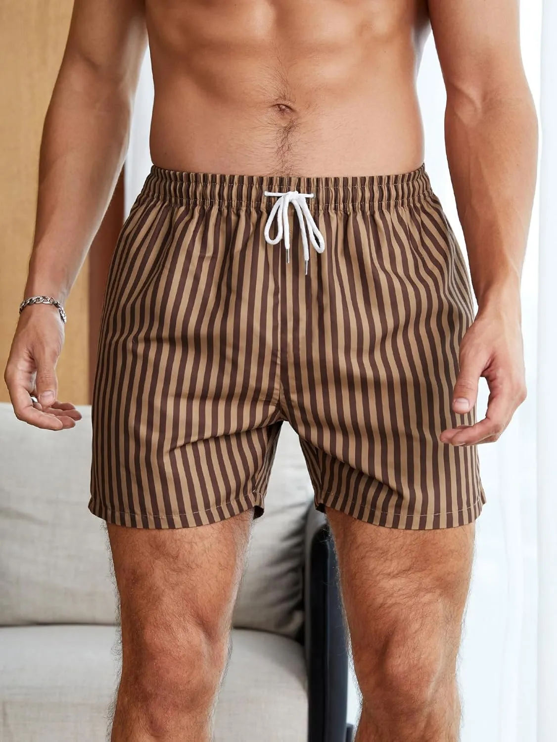 Men's Striped Swim Trunks Bathing Suits Quick Dry Board Shorts Mesh Lining Beach Swimwear with Pockets