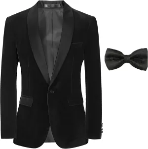 Men's Suit Jacket Slim Fit Velvet Tuxedo Blazer Shawl Lapel Black Bow Tie for Prom Wedding Business Dinner