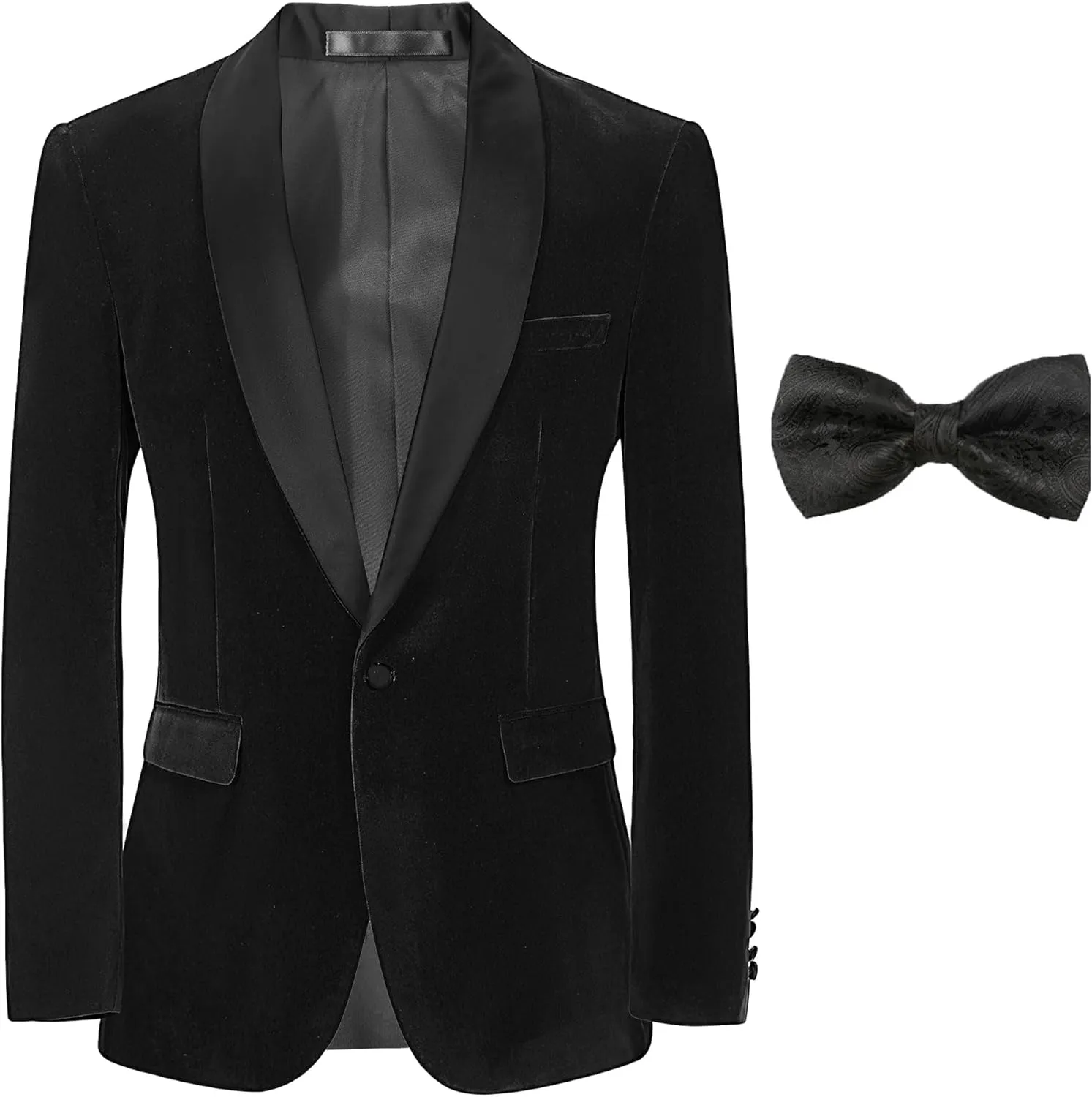 Men's Suit Jacket Slim Fit Velvet Tuxedo Blazer Shawl Lapel Black Bow Tie for Prom Wedding Business Dinner