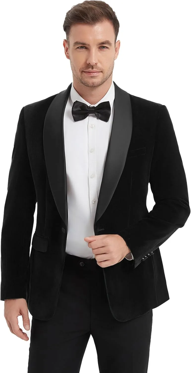 Men's Suit Jacket Slim Fit Velvet Tuxedo Blazer Shawl Lapel Black Bow Tie for Prom Wedding Business Dinner