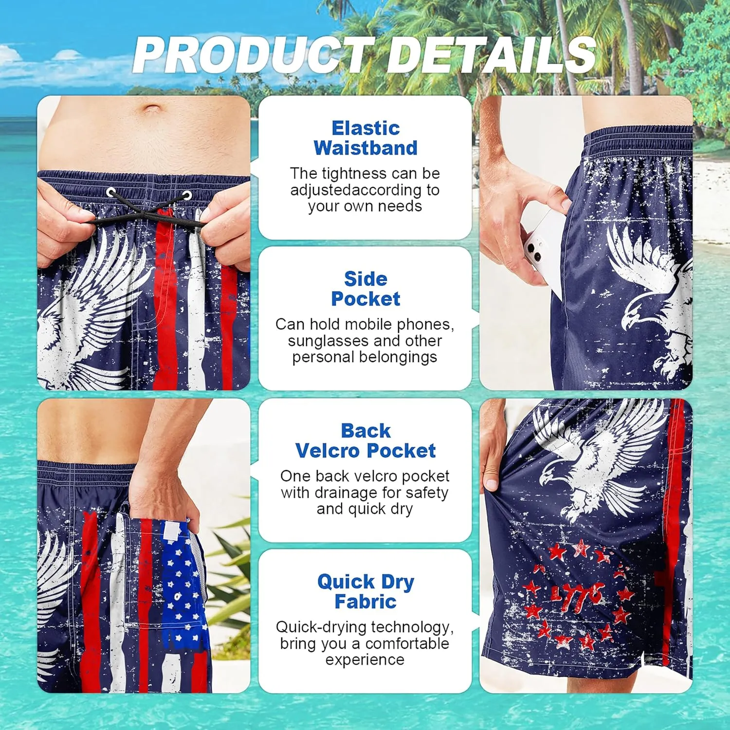 Mens Swim Trunks Quick Dry Board Shorts with Mesh Lining, Breathable Fit Hawaii Beach Shorts Swimwear Bathing Suits