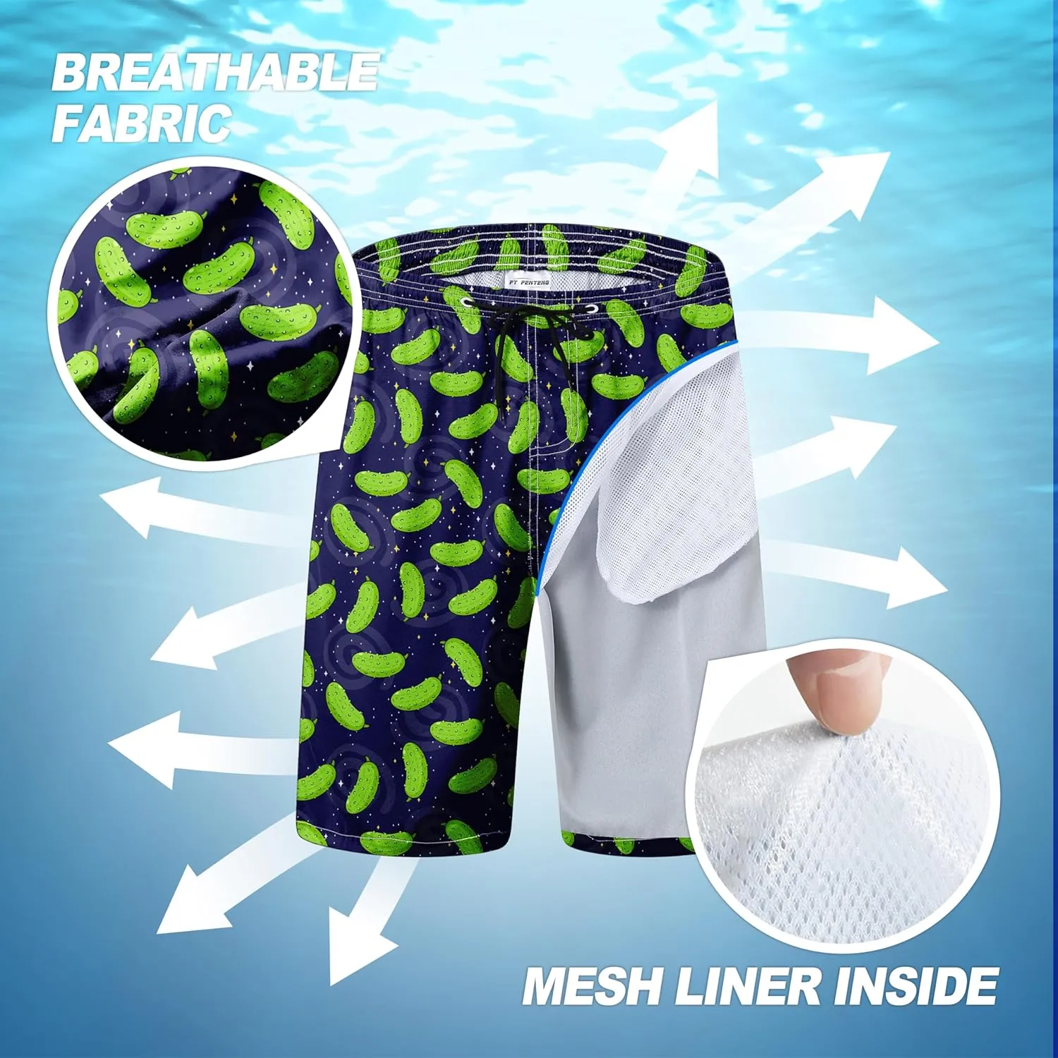 Mens Swim Trunks Quick Dry Board Shorts with Mesh Lining, Breathable Fit Print Beach Shorts Swimwear Bathing Suits