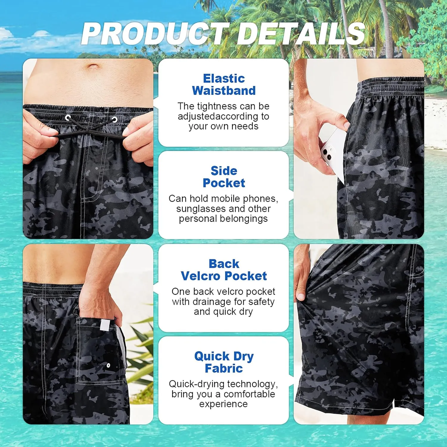 Mens Swim Trunks Quick Dry Board Shorts with Mesh Lining, Breathable Fit Print Beach Shorts Swimwear Bathing Suits