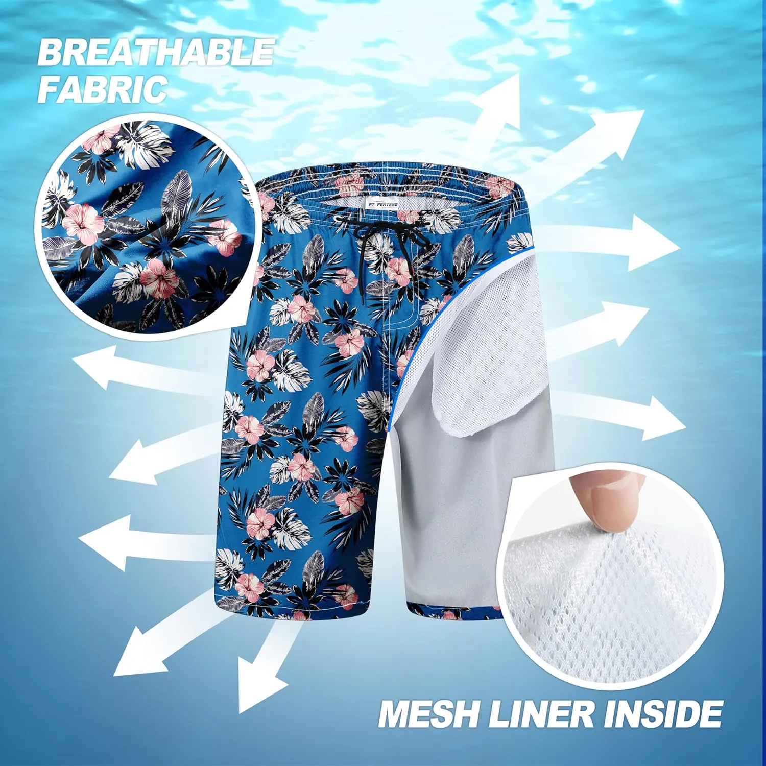 Mens Swim Trunks Quick Dry Board Shorts with Mesh Lining, Breathable Fit Print Beach Shorts Swimwear Bathing Suits