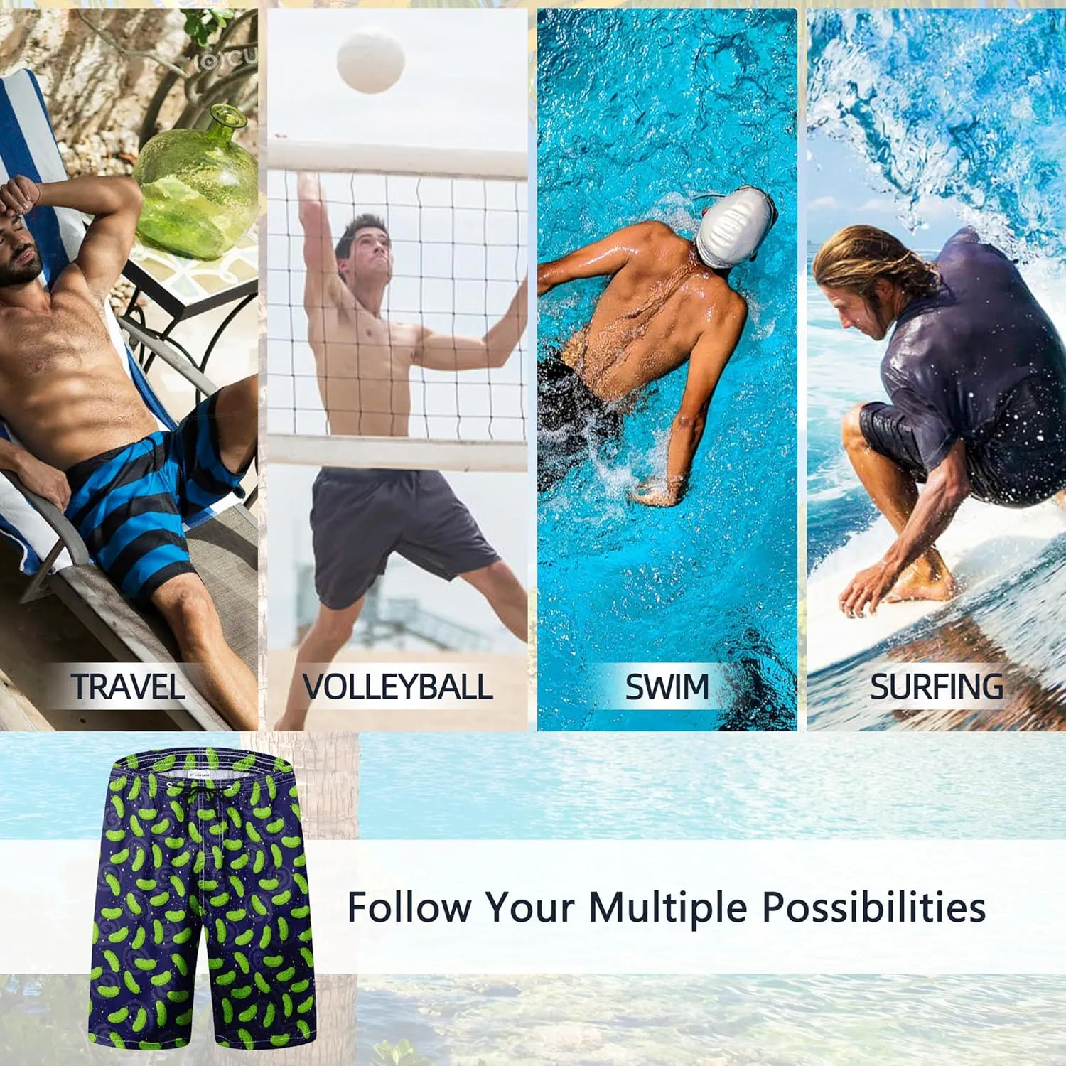 Mens Swim Trunks Quick Dry Board Shorts with Mesh Lining, Breathable Fit Print Beach Shorts Swimwear Bathing Suits