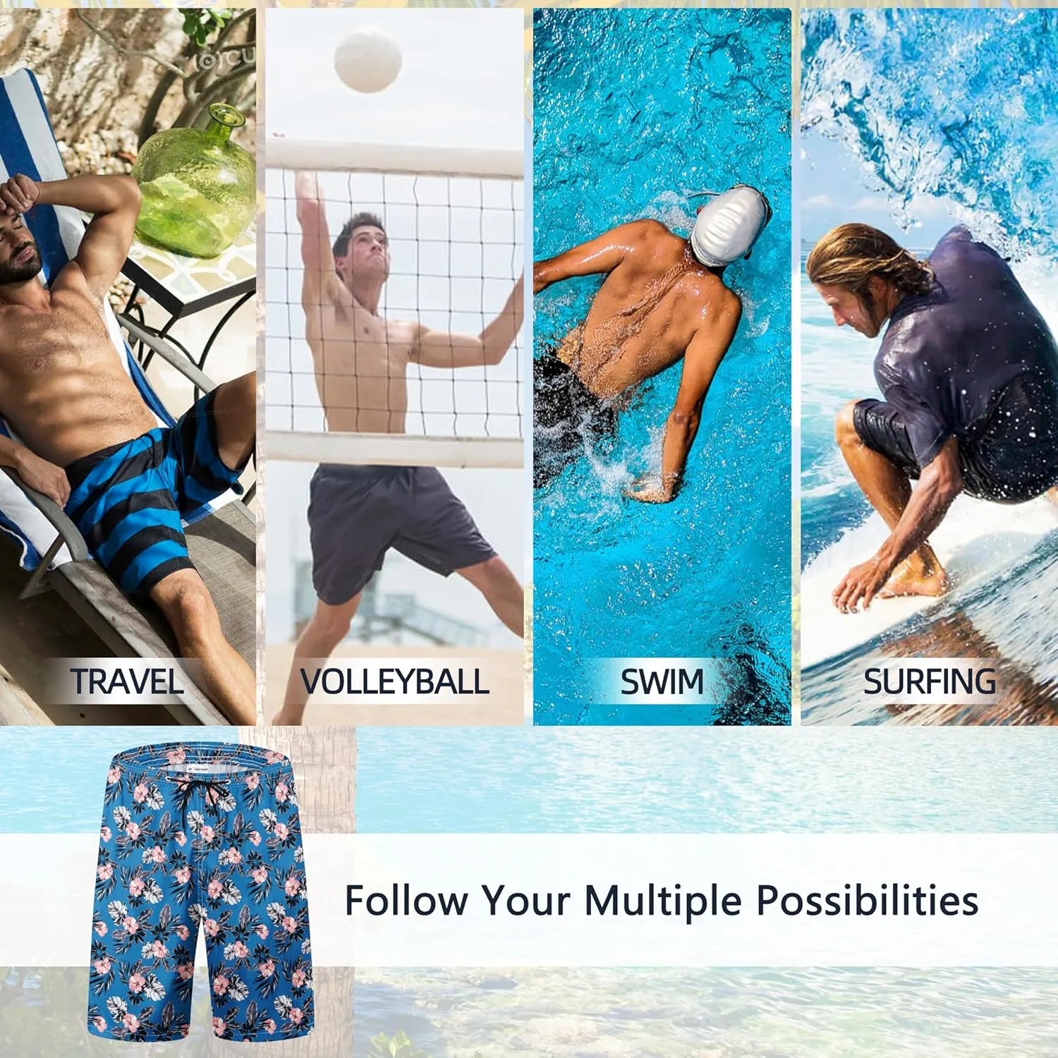 Mens Swim Trunks Quick Dry Board Shorts with Mesh Lining, Breathable Fit Print Beach Shorts Swimwear Bathing Suits