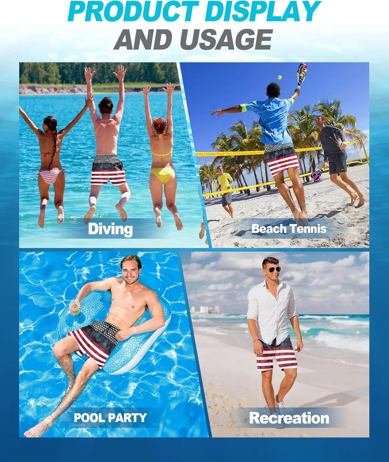 Mens Swim Trunks Quick Dry Board Shorts with Mesh Lining, Breathable Fit Print Beach Shorts Swimwear Bathing Suits