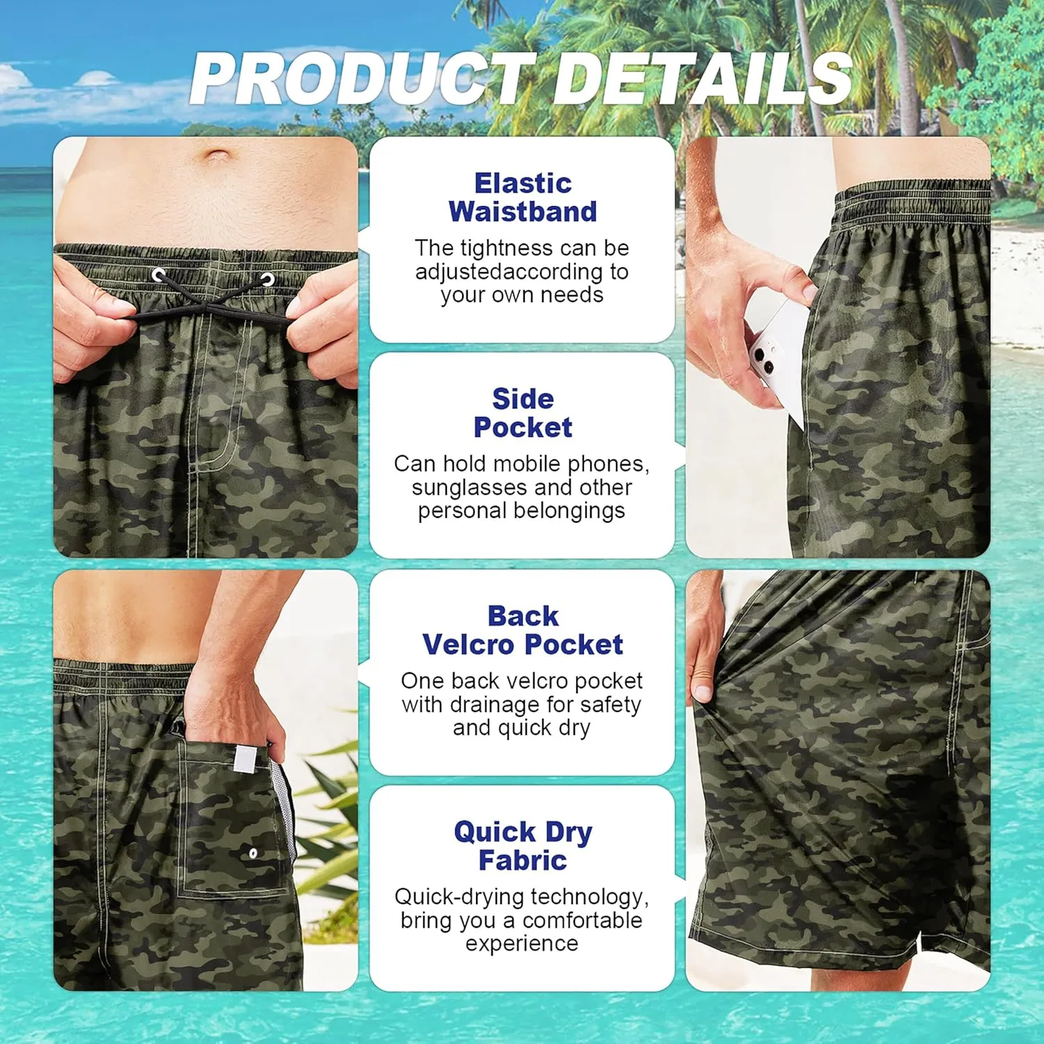 Mens Swim Trunks Quick Dry Board Shorts with Mesh Lining, Breathable Surf Beach Shorts Swimwear Bathing Suits
