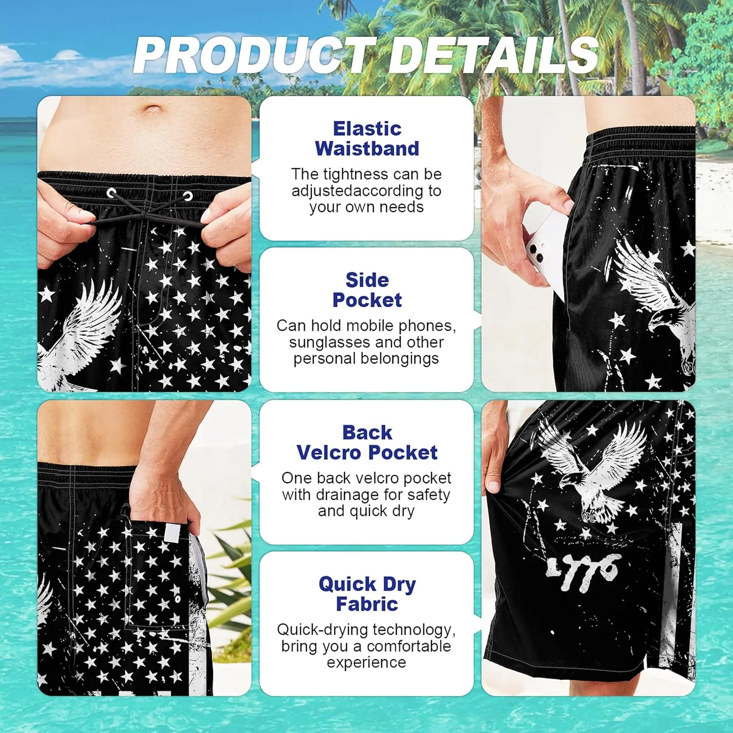 Mens Swim Trunks Quick Dry Board Shorts with Mesh Lining, Breathable Surf Beach Shorts Swimwear Bathing Suits