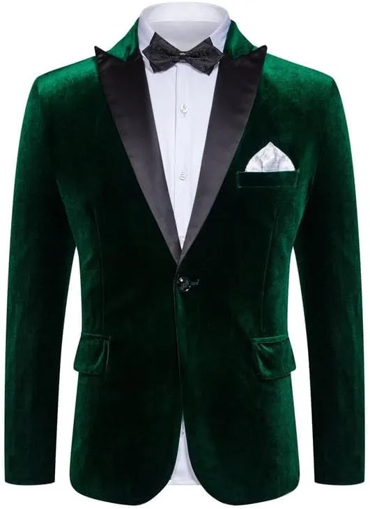 Mens Velvet Blazer Slim Fit Stylish Suit Jacket 1 Button Notched Lapel Sport Coat Tuxedo for Party Prom Dinner