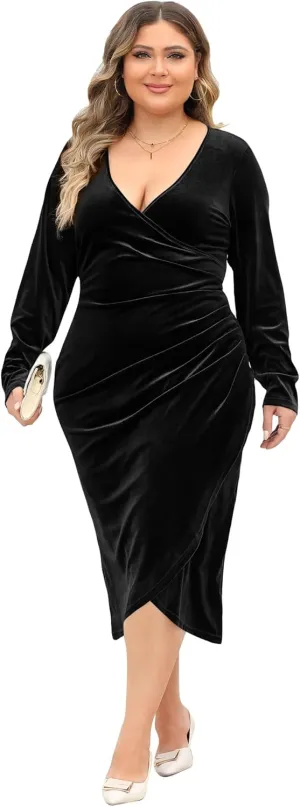 MIDNIGHTSUN Women Plus Size Velvet Dress Wrap V Neck Long Sleeve Ruched Bodycon Maxi Dress for Cocktail Party Wedding Guest