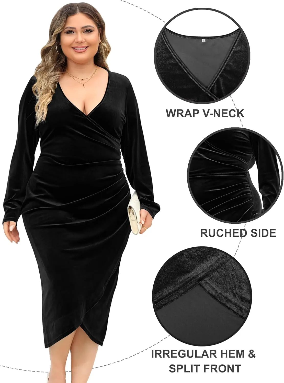 MIDNIGHTSUN Women Plus Size Velvet Dress Wrap V Neck Long Sleeve Ruched Bodycon Maxi Dress for Cocktail Party Wedding Guest