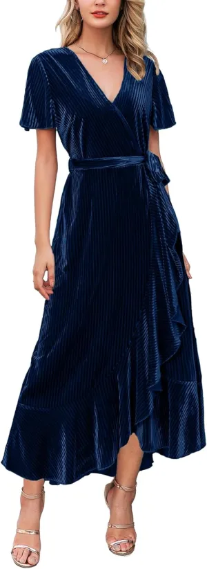 Miessial Women's Velvet Maxi Dress Retro Faux Wrap V-Neck Long Evening Dress Cocktail Party Dress